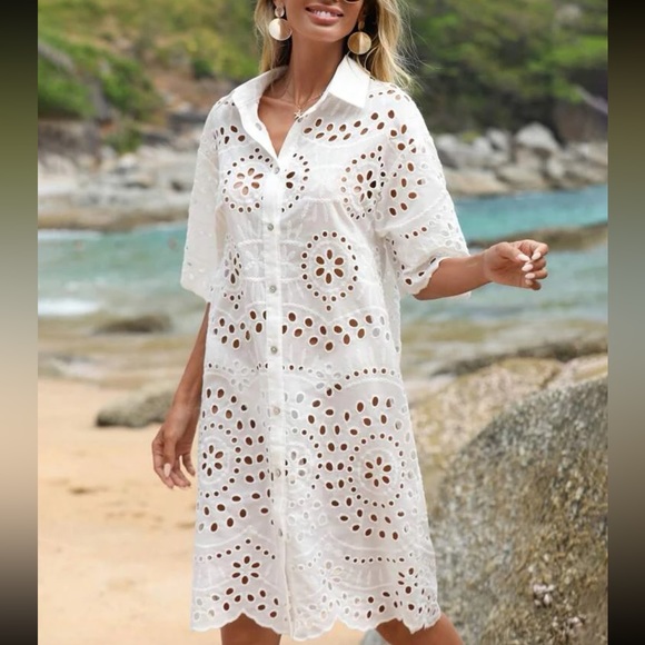White Sheer Eyelet Embroidery Lace Button Down Shirt Dress - Picture 4 of 6